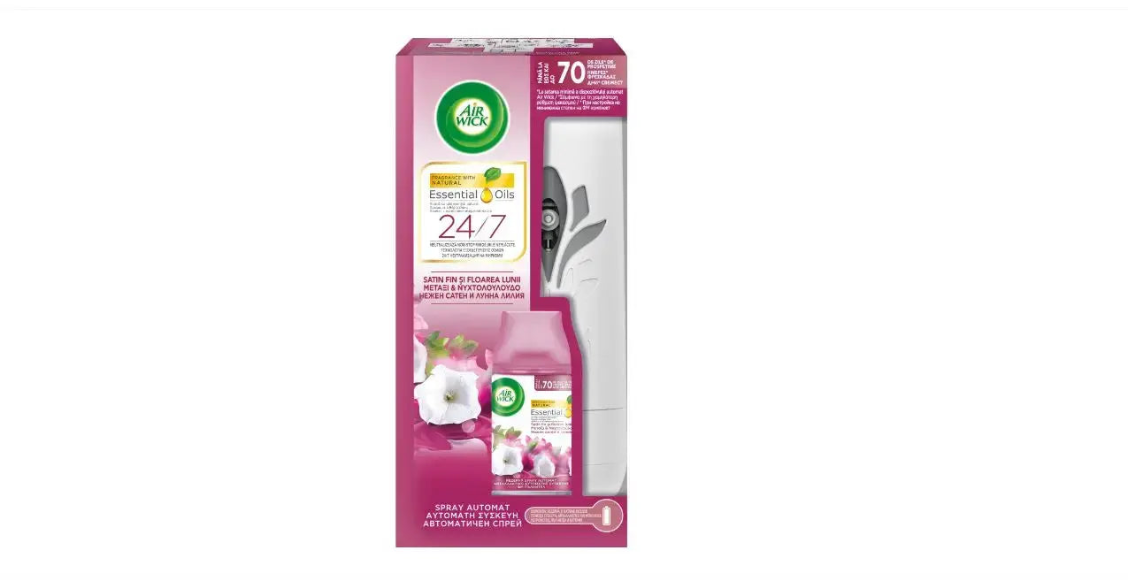 Odorizant de camera Air Wick Freshmatic Essential Oils + rezerva Smooth Satin & Moon Lily 250 ml