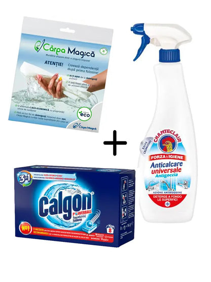 Pachet Baie Fără Calcar - Chanteclair degresant anticalcar + 3in1 Calgon Powerball + Laveta microfibra Carpa Magica