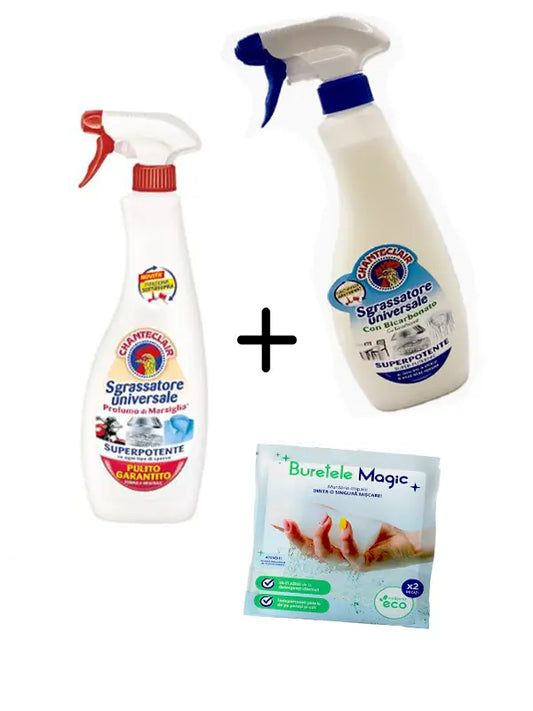 Pachet Bucătărie Curată - Degresant universal Chanteclair + Degresant universal cu bicarbonat + Burete 100% spuma melaminica Eco 10 x 5 x 2 cm, Buretele Magic