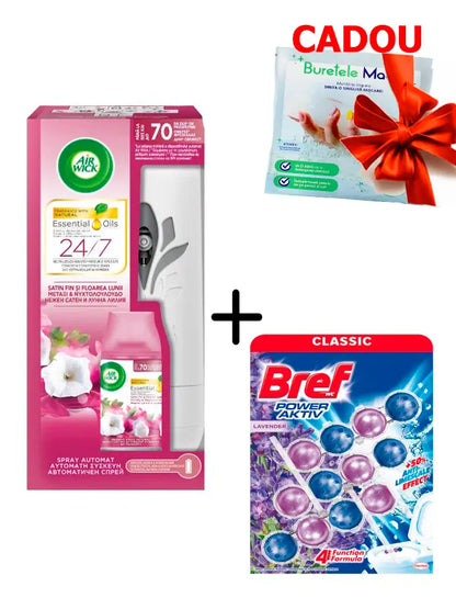 Pachet Casă Parfumată - Air Wick Freshmatic + rezerva Smooth Satin & Moon Lily + Odorizant toaleta Bref Power Aktiv Lavanda