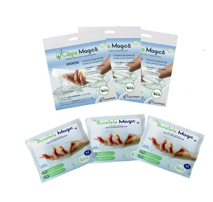 Set Premium Curățenie: 3 Lavete Microfibră Eco (Carpa Magica) + 3 Burete Magic (Buretele Magic)
