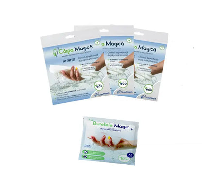 Set Premium Curățenie: 3 Lavete Microfibră Eco (Carpa Magica) + 1 Burete Magic (Buretele Magic)