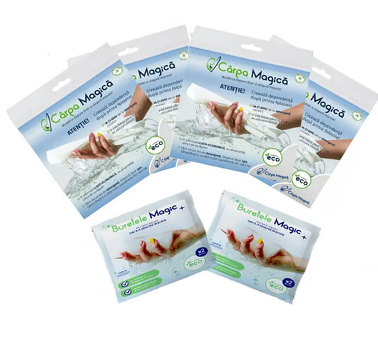 Set Premium Curățenie: 4 Lavete Microfibră Eco (Carpa Magica) + 2 Burete Magic (Buretele Magic)