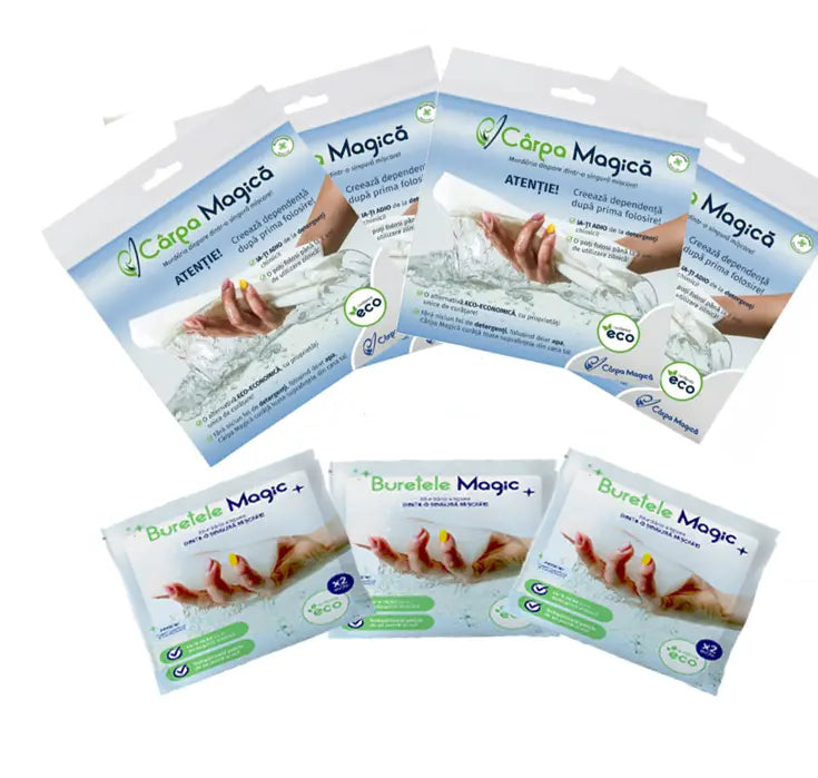 Set Premium Curățenie: 4 Lavete Microfibră Eco (Carpa Magica) + 3 Burete Magic (Buretele Magic)