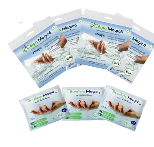 Set Premium Curățenie: 4 Lavete Microfibră Eco (Carpa Magica) + 3 Burete Magic (Buretele Magic)