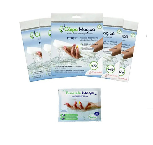 Set Premium Curățenie: 5 Lavete Microfibră Eco (Carpa Magica) + 1 Burete Magic (Buretele Magic)