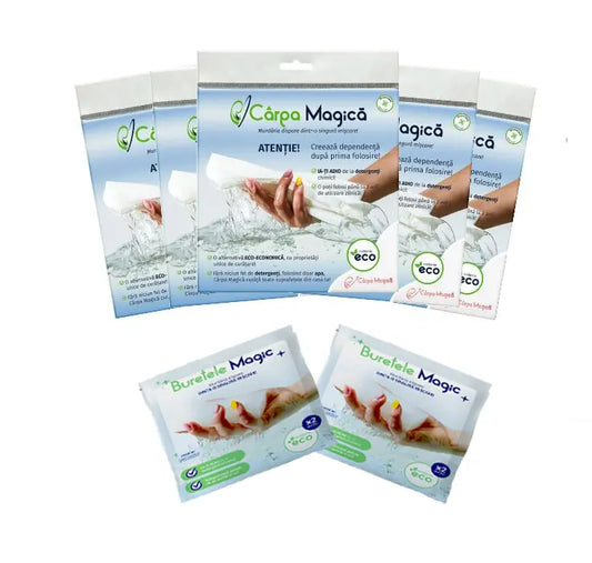 Set Premium Curățenie: 5 Lavete Microfibră Eco (Carpa Magica) + 2 Burete Magic (Buretele Magic)