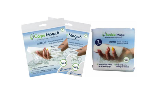 Pachet 2 x Carpa Magica, Laveta Microfibra Eco 40x40 cm si 2 x Burete Magic, Curatare fara Detergent, Curatare Multiple Suprafete My Store