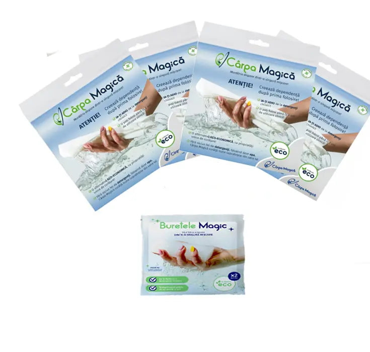 Set Premium Curățenie: 4 Lavete Microfibră Eco (Carpa Magica) + 1 Burete Magic (Buretele Magic)