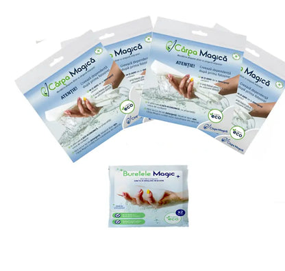 Set Premium Curățenie: 4 Lavete Microfibră Eco (Carpa Magica) + 1 Burete Magic (Buretele Magic)