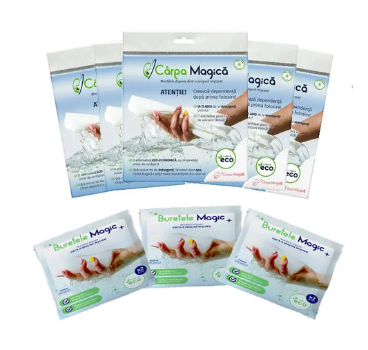 Set Premium Curățenie: 5 Lavete Microfibră Eco (Carpa Magica) + 3 Burete Magic (Buretele Magic)